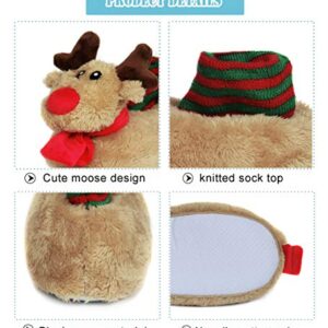 Fuzzy Animal Slippers for Toddler and Little Kids, Moose Giraffe Dog Slippers for Boys Girls (Toddler Kid Size 6-8, Moose)