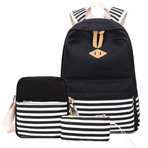 abshoo causal canvas stripe backpack cute lightweight teen backpacks for girls school bag set (black set)
