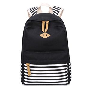 Abshoo Causal Canvas Stripe Backpack Cute Lightweight Teen Backpacks For Girls School Bag Set (Black Set)