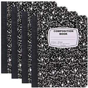 emraw black & white marble style cover composition book with 100 sheets of wide ruled white paper (4 pack)