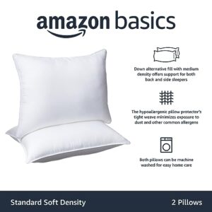 Amazon Basics Down Alternative Pillows, Soft Density For Stomach and Back Sleepers, Standard, Pack of 2, White, 26 in L x 20 in W