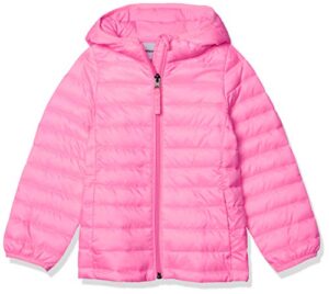 amazon essentials girls' lightweight water-resistant packable hooded puffer jacket, neon pink, small