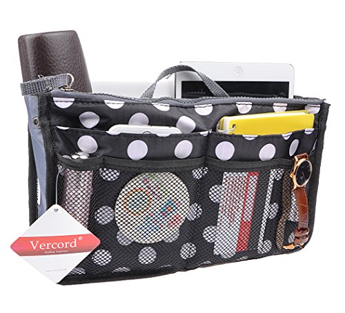 Vercord Purse Organizer Insert for Handbags Bag Organizers Inside Tote Pocketbook Women Nurse Nylon 13 Pockets Black Dot Medium