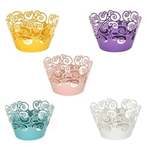 kposiya cupcake wrappers 100 pack cupcake wraps in 5 colors filigree artistic bake cake paper cup little vine laser cut liner baking cups holder for wedding party birthday decoration (style 2)