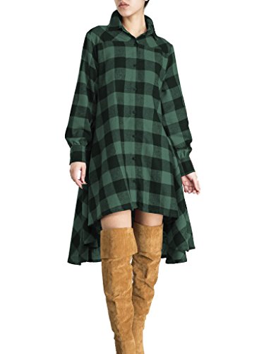 olrain Womens Plaids V Neck Long Sleeve Irregular Hem Casual Shirt Dress (Large, Green)