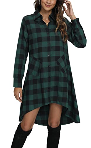 olrain Womens Plaids V Neck Long Sleeve Irregular Hem Casual Shirt Dress (Large, Green)