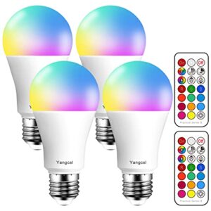 yangcsl led light bulbs 70w equivalent, rgb color changing light bulb, 2 moods/memory/sync/dimmable, a19 e26 screw base, timing remote control included (pack of 4)