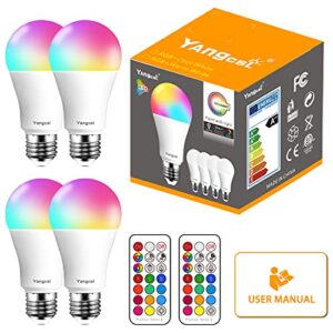 Yangcsl LED Light Bulbs 70W Equivalent, RGB Color Changing Light Bulb, 2 Moods/Memory/Sync/Dimmable, A19 E26 Screw Base, Timing Remote Control Included (Pack of 4)