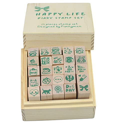 Pack of 25 Pcs Small Green Happy Life Shape Wooden Rubber Stamps with Box for DIY Craft Card and Photo Album (Green)