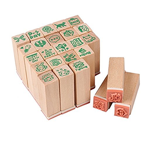 Pack of 25 Pcs Small Green Happy Life Shape Wooden Rubber Stamps with Box for DIY Craft Card and Photo Album (Green)