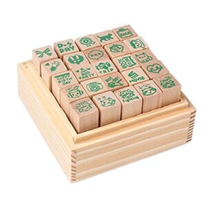 Pack of 25 Pcs Small Green Happy Life Shape Wooden Rubber Stamps with Box for DIY Craft Card and Photo Album (Green)