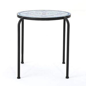 christopher knight home skye outdoor ceramic tile side table with iron frame, blue / white