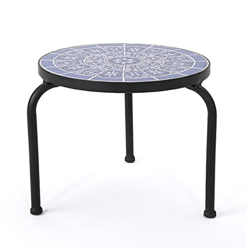 Christopher Knight Home Slate Outdoor Ceramic Tile Side Table with Iron Frame, Blue / White