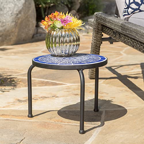 Christopher Knight Home Slate Outdoor Ceramic Tile Side Table with Iron Frame, Blue / White