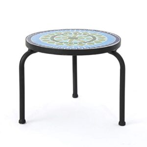 christopher knight home iris outdoor ceramic tile side table with iron frame, blue / green