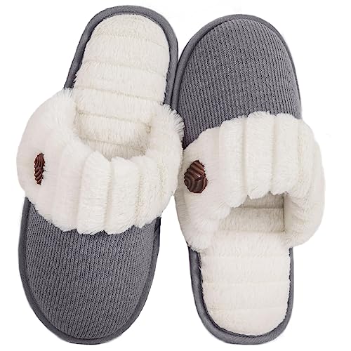 HomeTop Women's Cute House Slippers for Ladies Memory Foam Indoor Outdoor Slip on Bedroom Soft Home Shoes with Fuzzy Knitted Faux Fur (39-40 (US Women's 9-10; Men's 7-8), Light Gray)