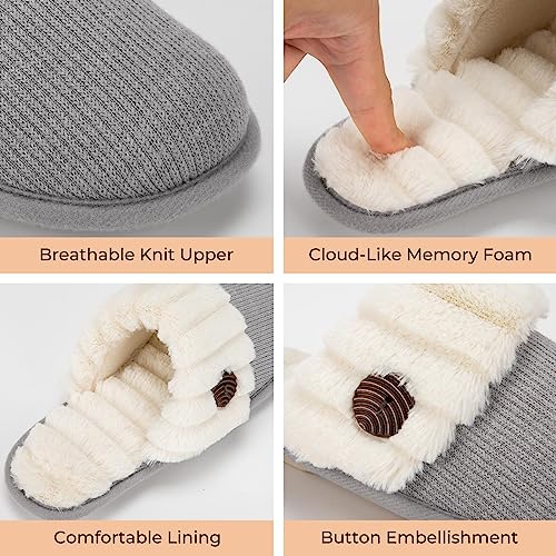 HomeTop Women's Cute House Slippers for Ladies Memory Foam Indoor Outdoor Slip on Bedroom Soft Home Shoes with Fuzzy Knitted Faux Fur (39-40 (US Women's 9-10; Men's 7-8), Light Gray)