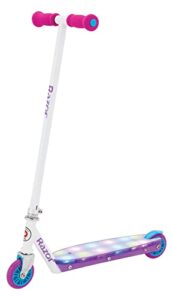 razor party pop kick scooter for kids ages 6+ - 12 multi-color led lights, urethane wheels, rear fender brake, for riders up to 143