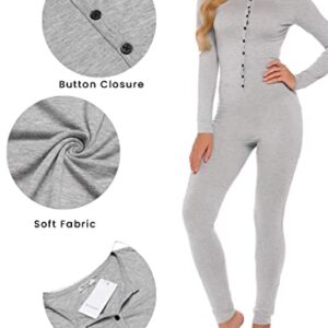 Ekouaer Bandage One Piece Pajama Romper Long Sleeve Jumpsuit Sleepwear For Women,Gray,Medium