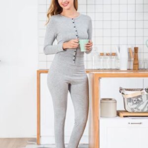 Ekouaer Bandage One Piece Pajama Romper Long Sleeve Jumpsuit Sleepwear For Women,Gray,Medium