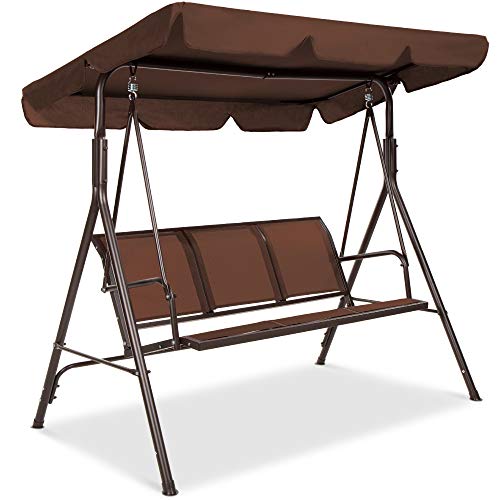 Best Choice Products 2-Seater Outdoor Adjustable Canopy Swing Glider, Patio Loveseat Bench for Deck, Porch w/Armrests, Textilene Fabric, Steel Frame - Brown