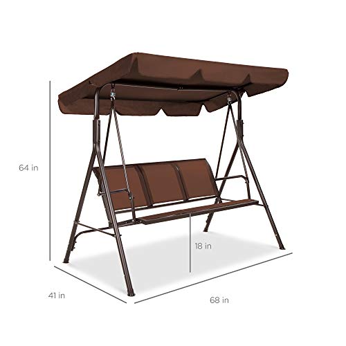 Best Choice Products 2-Seater Outdoor Adjustable Canopy Swing Glider, Patio Loveseat Bench for Deck, Porch w/Armrests, Textilene Fabric, Steel Frame - Brown