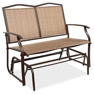 best choice products 2-person outdoor patio swing glider steel bench loveseat rocker for deck, porch w/textilene fabric, steel frame - brown