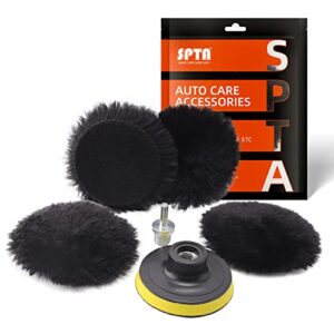 SPTA 3 Inch (75mm) Wool Buffer 3" Wool Buffing Pad Lambwool Wool Buffing polishing Pads, 6 Pcs Kit with Hook & Loop 5/8"-11 Thread Drill Adapter for Car Polishing and Buffing