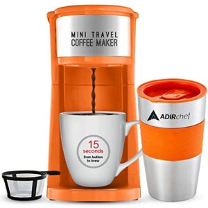 adirchef single serve mini travel coffee maker & 15 oz. travel mug coffee tumbler & reusable filter for home, office, camping, portable small and compact, great for fathers day (orange)