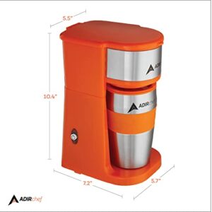AdirChef Single Serve Mini Travel Coffee Maker & 15 oz. Travel Mug Coffee Tumbler & Reusable Filter for Home, Office, Camping, Portable Small and Compact, Great for Fathers Day (Orange)