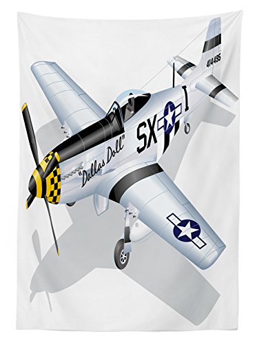 Ambesonne Vintage Airplane Tablecloth, P-51 Dallas Doll Detailed Illustration American Air Force Classic Plane, Dining Room Kitchen Rectangular Table Cover, 52" X 70", Grey White