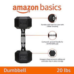 Amazon Basics Rubber Encased Exercise & Fitness Hex Dumbbell, Hand Weight for Strength Training, 20 Pounds, Black