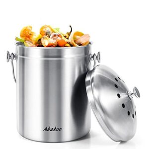 abakoo stainless steel compost bin - 1.3 gallon premium grade 304 stainless steel kitchen composter - includes 4 charcoal filter, indoor countertop kitchen recycling bin pail