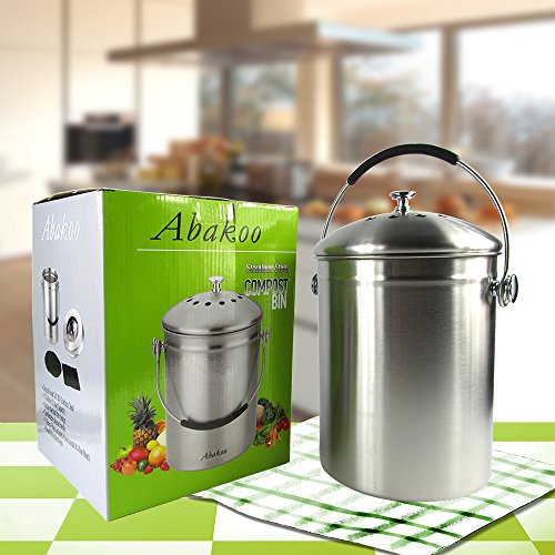 Abakoo Stainless Steel Compost Bin - 1.3 Gallon Premium Grade 304 Stainless Steel Kitchen Composter - Includes 4 Charcoal Filter, Indoor Countertop Kitchen Recycling Bin Pail