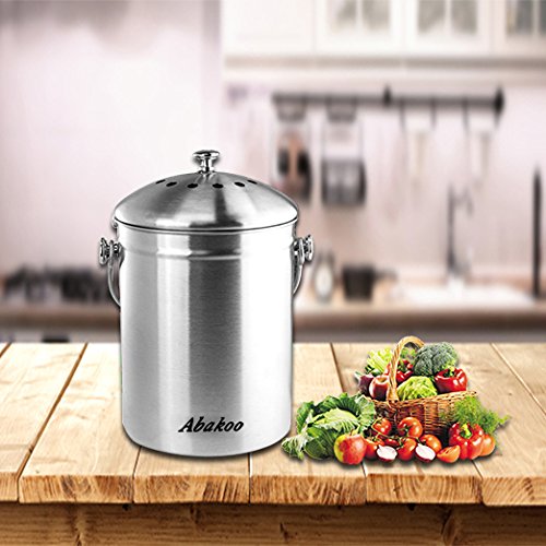 Abakoo Stainless Steel Compost Bin - 1.3 Gallon Premium Grade 304 Stainless Steel Kitchen Composter - Includes 4 Charcoal Filter, Indoor Countertop Kitchen Recycling Bin Pail