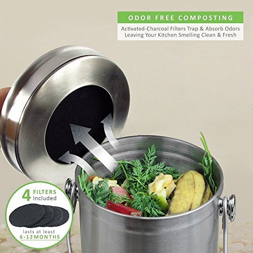 Abakoo Stainless Steel Compost Bin - 1.3 Gallon Premium Grade 304 Stainless Steel Kitchen Composter - Includes 4 Charcoal Filter, Indoor Countertop Kitchen Recycling Bin Pail