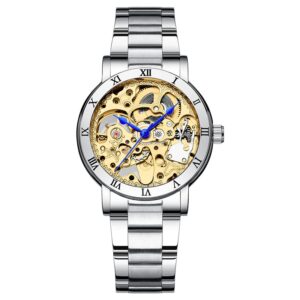 ik women's automatic watch, steampunk self winding mechanical bracelet stainless steel wrist watch for ladies - golden dial