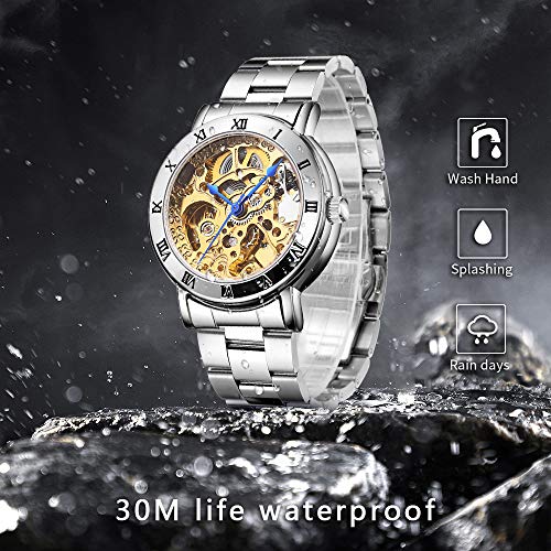 IK Women's Automatic Watch, Steampunk Self Winding Mechanical Bracelet Stainless Steel Wrist Watch for Ladies - Golden Dial