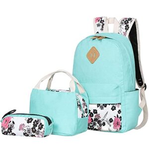 bluboon teens backpack set canvas girls school backpack lunch box pencil bags student bookbags 3 in 1 (water blue-14)