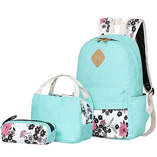 Bluboon Teens Backpack Set Canvas Girls School Backpack Lunch Box Pencil Bags Student Bookbags 3 in 1 (Water Blue-14)