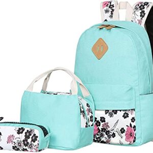 Bluboon Teens Backpack Set Canvas Girls School Backpack Lunch Box Pencil Bags Student Bookbags 3 in 1 (Water Blue-14)