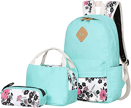 Bluboon Teens Backpack Set Canvas Girls School Backpack Lunch Box Pencil Bags Student Bookbags 3 in 1 (Water Blue-14)