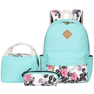 Bluboon Teens Backpack Set Canvas Girls School Backpack Lunch Box Pencil Bags Student Bookbags 3 in 1 (Water Blue-14)