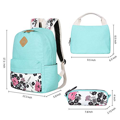 Bluboon Teens Backpack Set Canvas Girls School Backpack Lunch Box Pencil Bags Student Bookbags 3 in 1 (Water Blue-14)