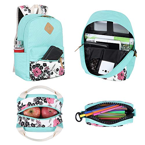 Bluboon Teens Backpack Set Canvas Girls School Backpack Lunch Box Pencil Bags Student Bookbags 3 in 1 (Water Blue-14)