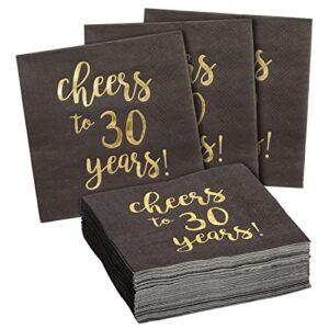 50 pack cheers to 30 years cocktail napkins for 30th birthday, anniversary party supplies, 3-ply, black and gold foil (5 x 5 in)