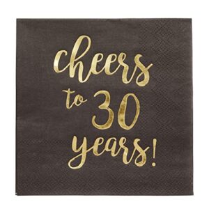 50 Pack Cheers to 30 Years Cocktail Napkins for 30th Birthday, Anniversary Party Supplies, 3-Ply, Black and Gold Foil (5 x 5 In)