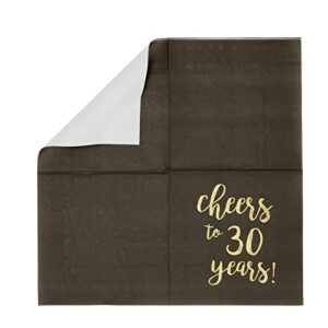 50 Pack Cheers to 30 Years Cocktail Napkins for 30th Birthday, Anniversary Party Supplies, 3-Ply, Black and Gold Foil (5 x 5 In)
