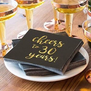 50 Pack Cheers to 30 Years Cocktail Napkins for 30th Birthday, Anniversary Party Supplies, 3-Ply, Black and Gold Foil (5 x 5 In)