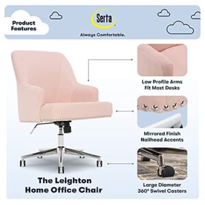 Serta Leighton Home Office Chair with Memory Foam, Height-Adjustable Desk Accent Chair with Chrome-Finished Stainless-Steel Base, Twill Fabric, Blush Pink 27.25D x 24W x 35.75H in